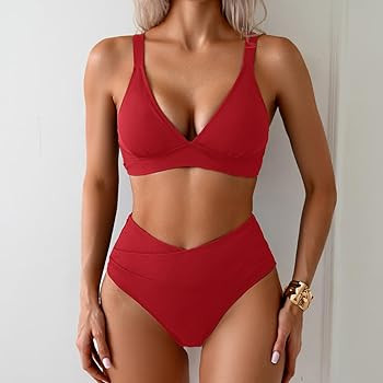 Sexy Ribbed Bikini Set 2 Piece Womens High Waisted V-Cut Cheeky High Leg Tummy Control Longline S... | Amazon (US)