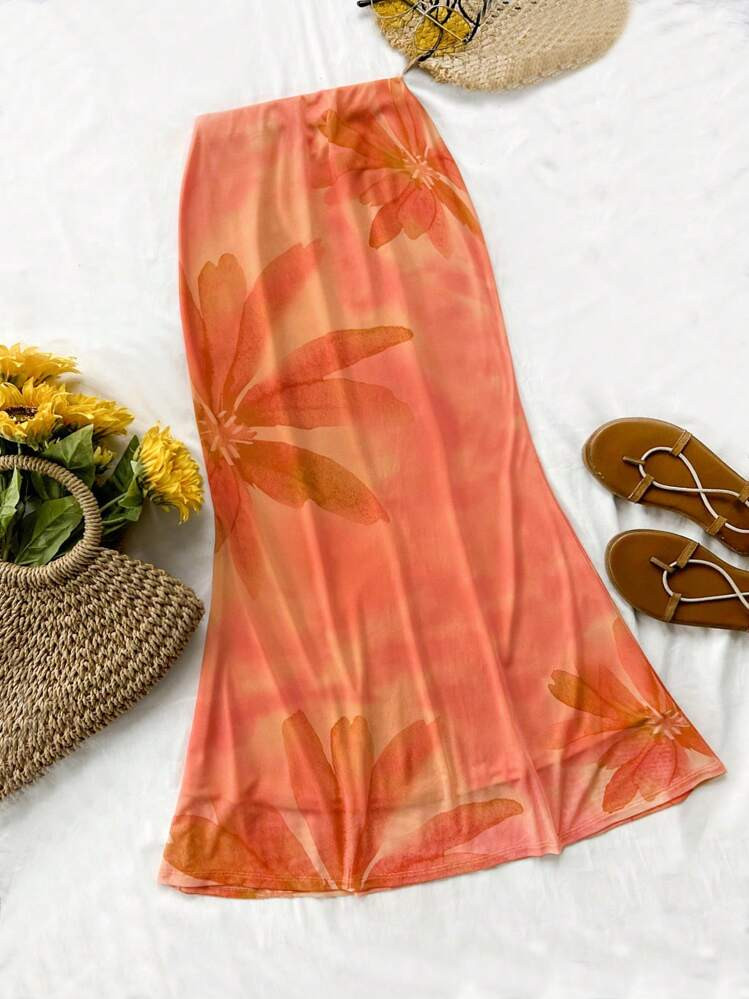 Soleia Damen Urlaubs Orange "Schulanfang" Vintage Oversized Floraler Netz Muster Lang Anliegende Meerjungfrau-Saum Bleistiftrock | SHEIN