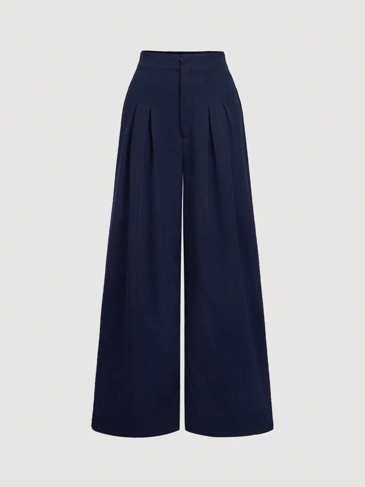 SHEIN MOD Women's High Waist Pleated Cinched Waist Navy Wide Leg Pants,Party,Street,Goth,Preppy,Elegant,Party,Office Pants Women,New Years Women Outfits,New Years Eve Attire,Business Casual,Old Money Style,Academia,Work Clothes Women,Valentine Clothes Women | SHEIN