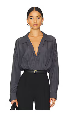 Norma Kamali Oversized Boyfriend Shirt Bodysuit in Charcoal from Revolve.com | Revolve Clothing (Global)