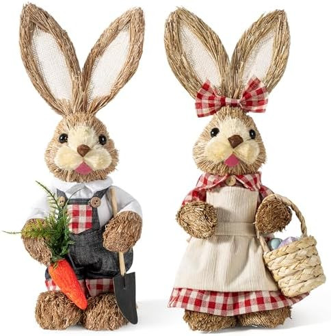 2 Pcs Easter Decorations 13.8" Rustic Straw Bunny Couple Tabletop Decor, Farmhouse Easter Bunny F... | Amazon (US)