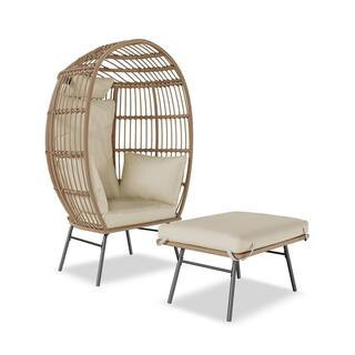 Oversized Wicker Egg Chair Indoor/Outdoor Metal Frame Lounge Chair with Ottoman and Beige Cushions | The Home Depot