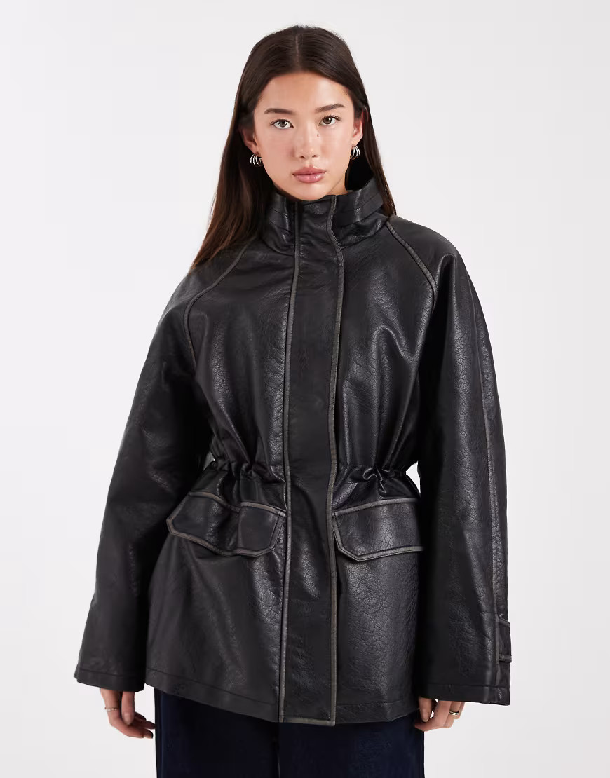 ASOS DESIGN funnel neck washed leather look jacket in black | ASOS (Global)