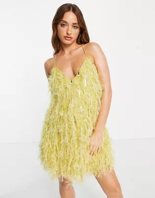 ASOS EDITION faux feather & sequin mini dress with low back in lemon | ASOS (Global)