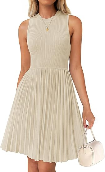 ZESICA Women's Summer Sleeveless Mini Dress 2026 Crewneck A Line Knit Pleated Swing Business Casu... | Amazon (US)