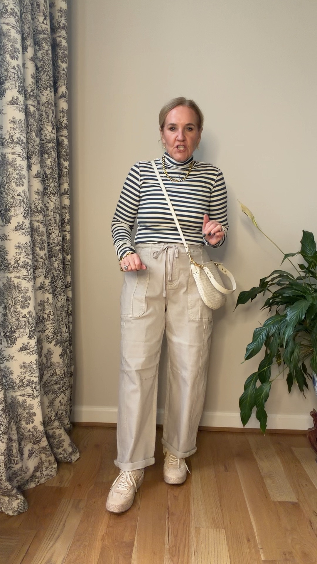 Wearing my regular size. You can size down in the pants if you don’t want them so oversized. Striped turtleneck runs very fitted. Code NANETTE15 15% off one order per customer 
I love social threads butter. Woman owned and run and been in business for years  

#LTKOver40 #LTKPetite #LTKFindsUnder100