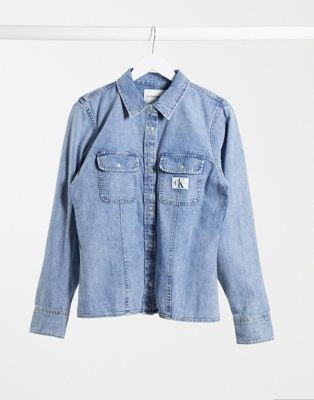 Calvin Klein Jeans logo patch denim shirt in mid wash | ASOS (Global)