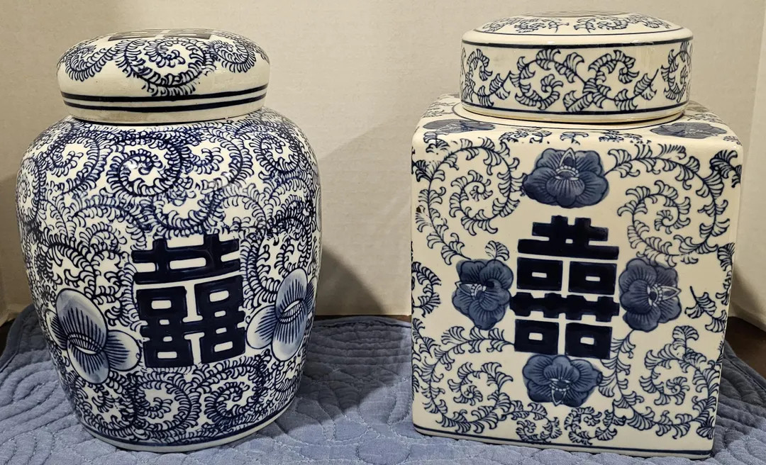 Two Antique/Vintage Chinoiserie Blue & White Happiness Ginger Jars with Lids - Round or Squared -... | Etsy (US)