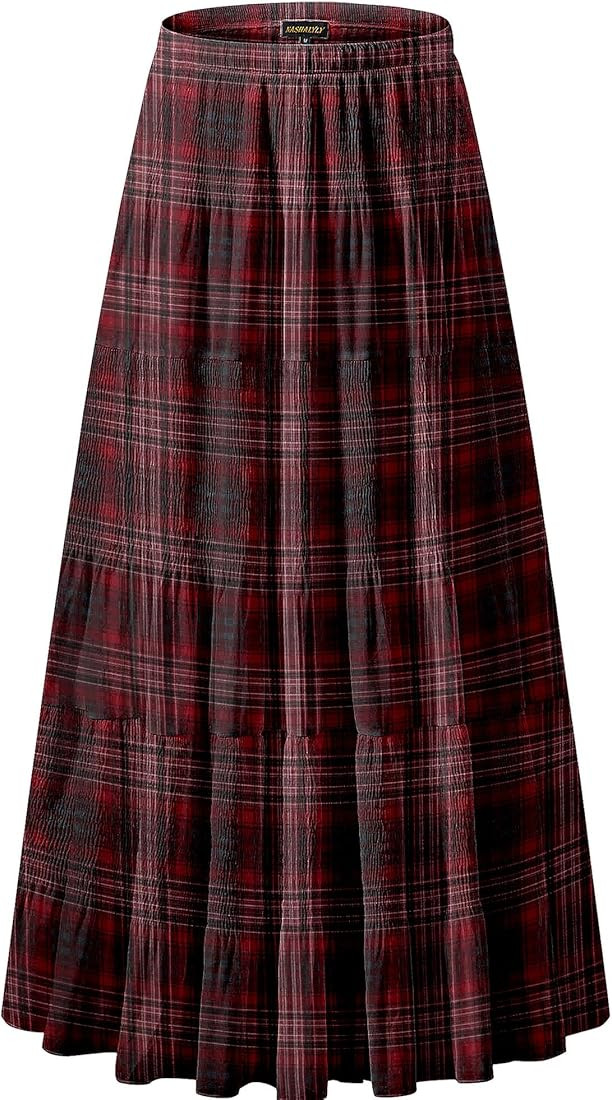 NASHALYLY Women's Chiffon Elastic High Waist Pleated A-Line Flared Maxi Skirts | Amazon (US)