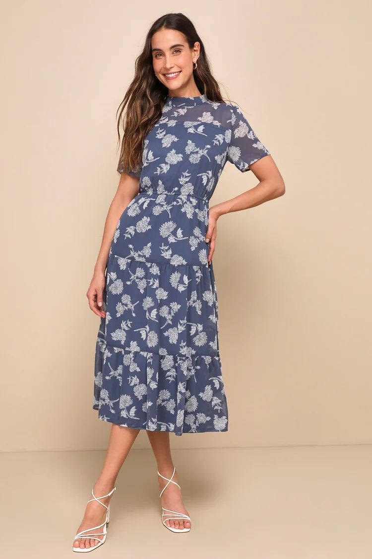 Floral Dressed Up Dusty Blue Floral Print Midi Dress | Lulus