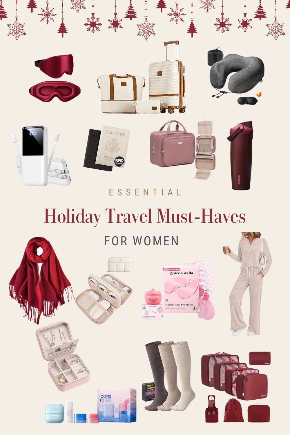 Amazon travel essentials to bring on your trip this holiday season. Everything you need including travel luggage set, neck pillow, insulated water bottle, under eye patches, packing cubes, portable phone charger, travel skincare set, comfy travel outfit, jewelry box, toiletry bag, passport holder, compression socks, scarf and sleep mask.

#LTKTravel #LTKHoliday #LTKGiftGuide