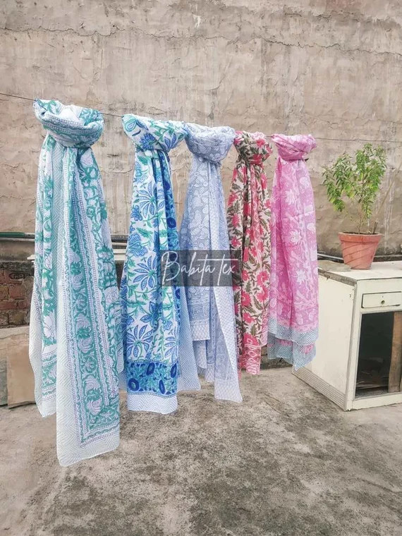 Hand Block Print Cotton Scarfs Beach Sarongs Soft Voile Fabric | Etsy | Etsy (US)