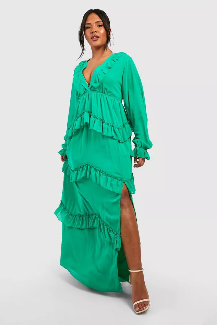 Plus Frill Plunge Ruffle Maxi Dress | boohoo (US & Canada)