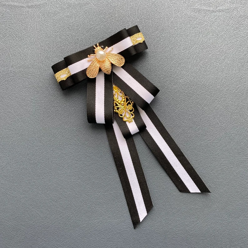 Bow Brooch Tie Black and White With Bee. Insect Jewelry. Fly - Etsy | Etsy (US)