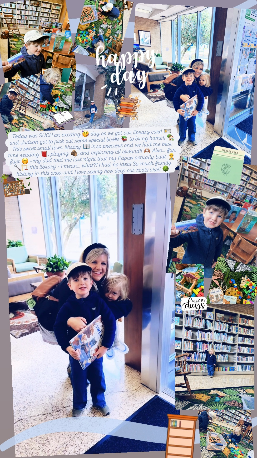 Today was SUCH an exciting 🥳 day as we got our library card 🪪 and Judson got to pick out some special books 📚 to bring home!! 🏡 This sweet small town library 📖 is so precious and we had the best time reading 📕, playing 🪵, and exploring all around!! 🫶🏽 Also… fun fact 🤭 - my dad told me last night that my Papaw actually built 👷🔧🏗️ this library - I mean… how cool?! I had no idea! 🤩 So much family history in this area and I love seeing how deep our roots 🌱 are!! 🌳 