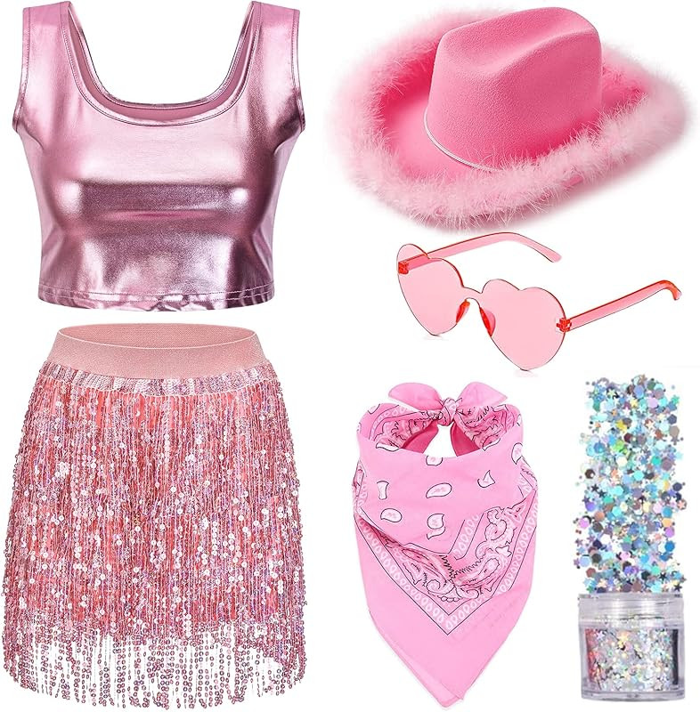 Space Cowgirl Costume Outfit for Women, Western Pink Hat with Boa Feathers, Metallic Top, Glitter... | Amazon (US)