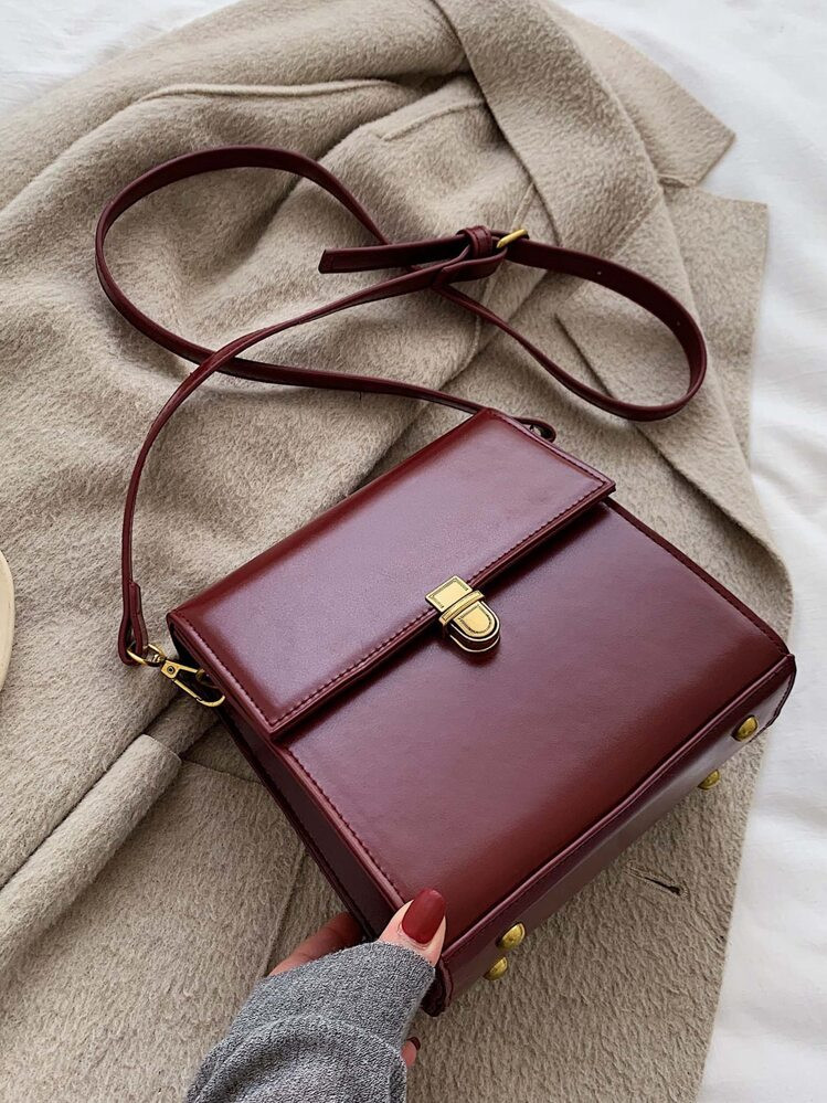 Mini Push Button Flap Square Bag Solid Color Leather Crossbody Bags For Women Shoulder Messenger Bag Lady Handbags Square Female Purses, Burgundy Bag& New Year Ideal Gift, Fashionable Burgundy Bag | SHEIN