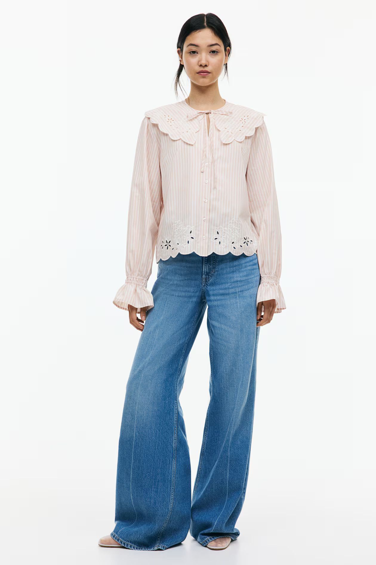 Embroidered Blouse with Peter Pan Collar - Light pink/striped - Ladies | H&M US | H&M (US + CA)