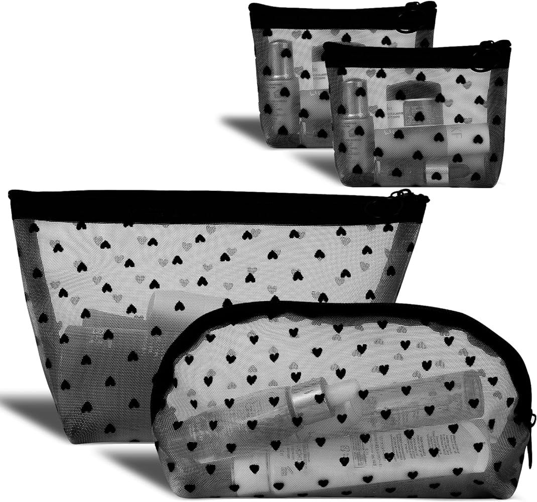 MHDGG Heart Print Mesh Makeup Bags,4 Pieces Mesh Cosmetic Bags for Women Mini Zipper Mesh Bags Po... | Amazon (US)