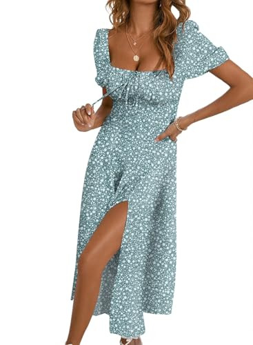 BLENCOT Casual Womens Summer Short Sleeve Square Neck Split Midi Dresses | Amazon (US)