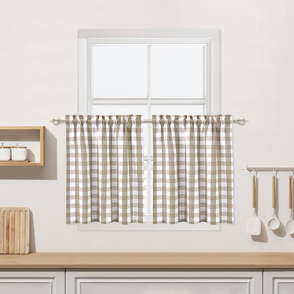 Buffalo Plaid Cafe Curtains 36 Inches Long, Beige Buffalo Check Kitchen Tier Curtains, Farmhouse ... | Amazon (US)