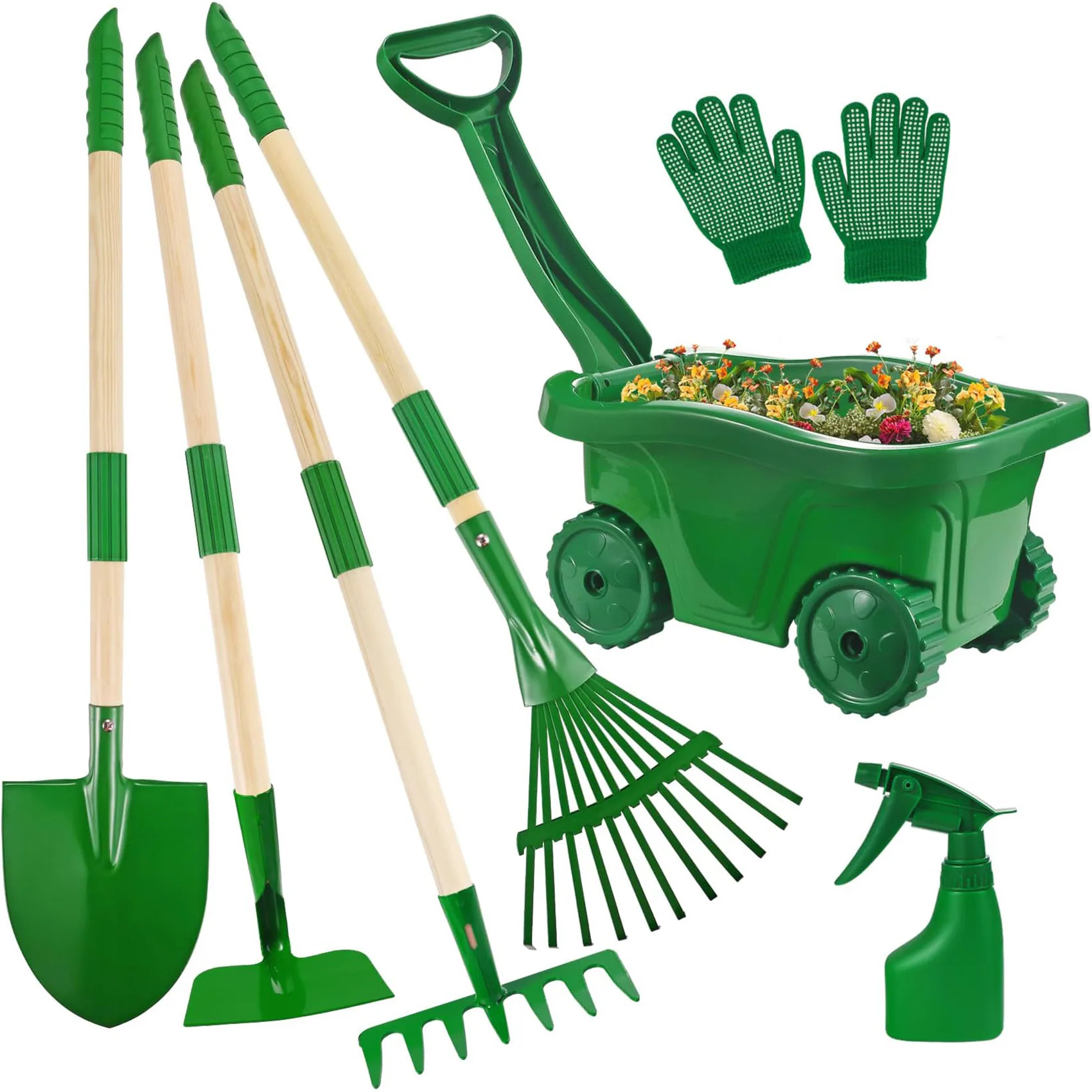 Afoxsos 7 Piece Kids Garden Tool Set with Wheelbarrow Shovel Rake Hoe Leaf Rake Gloves Spray Bottle 27.5 in Handles for Outdoor Yard Play one_size | Lowe's