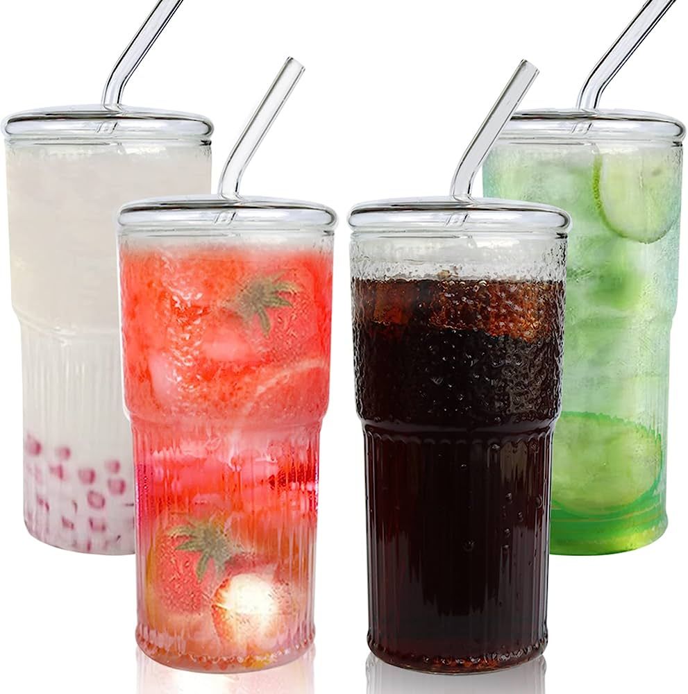 CAYOREPO 4 Packs 20 oz Glass Cups with Lids and Straws, Glass Coffee Tumbler, Tumbler Water Glass... | Amazon (US)
