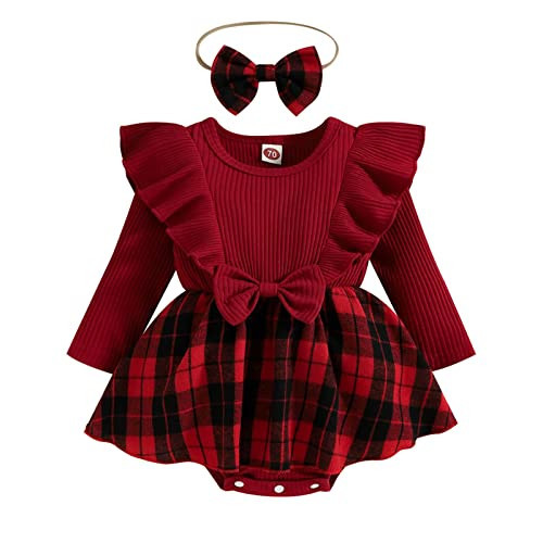 Newborn Christmas Outfit Baby Girl Romper Ruffle Long Sleeve Ribbed Christmas Dress with Headband Red Ruffled 0-6 Months | Amazon (US)