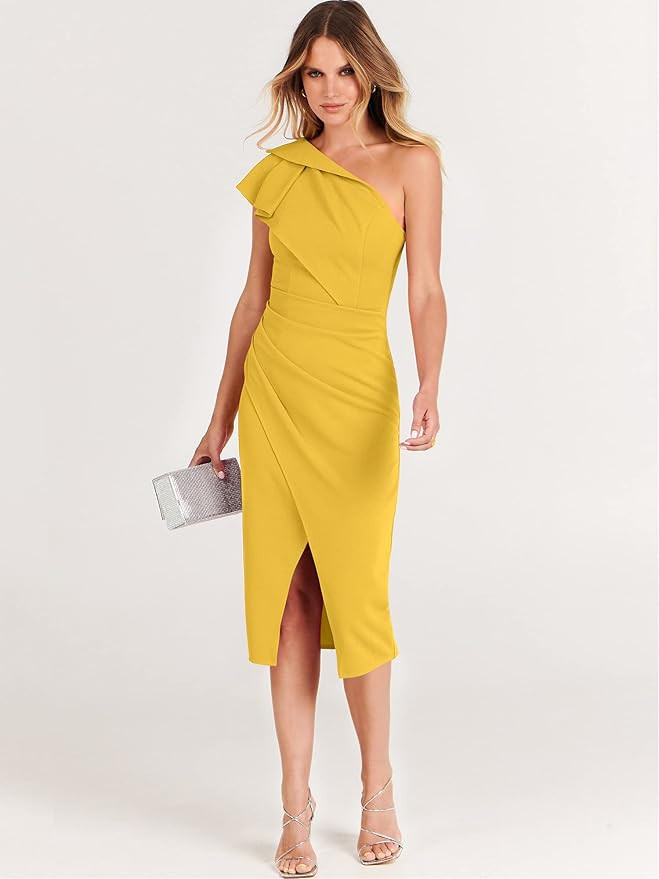 ANRABESS Women's One Shoulder Cocktail Midi Dress Sleeveless Ruffle Wrap Ruched Bodycon Formal We... | Amazon (US)