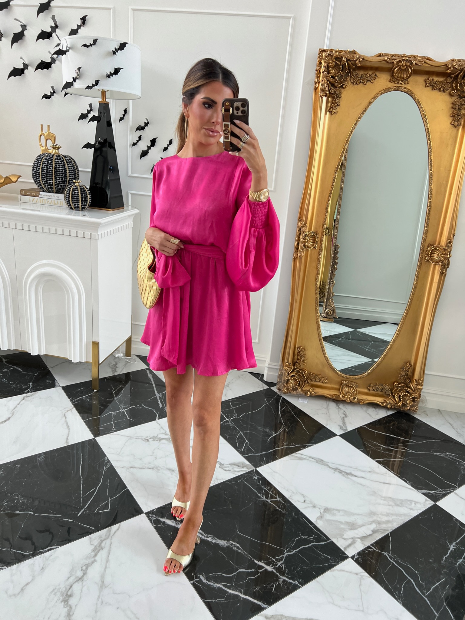 Wearing size small in dress! 

Use code HBDEMILY20 for 20% off until 3pm CT on 10/13! 

Fall outfit, emily Ann Gemma, fall wedding guest dress, wedding guest dress, pink dress, gold heels, gold clutch 