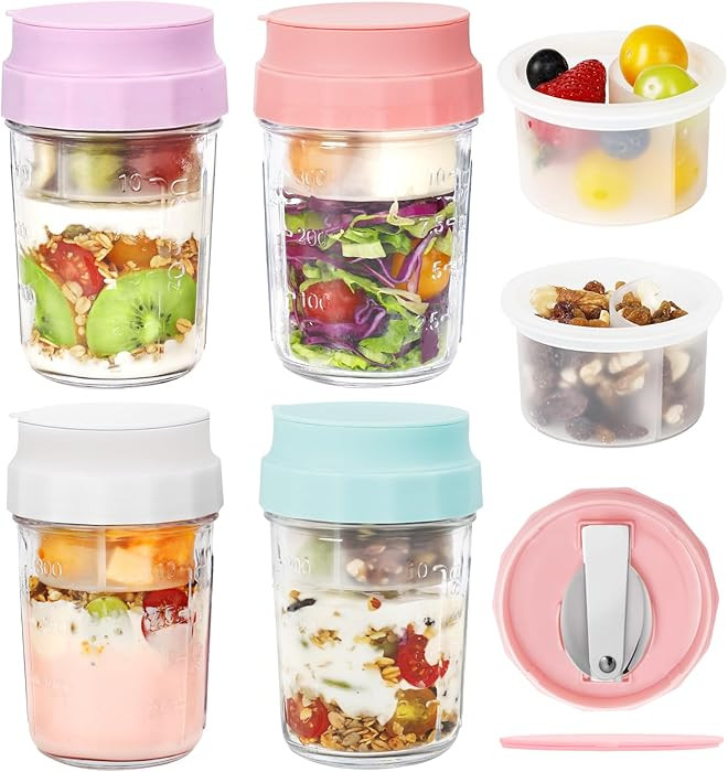 16oz Overnight Oats Jars, Yogurt Containers with Lids and Folding Spoons, 4 Pack Leak-Proof Wide ... | Amazon (US)