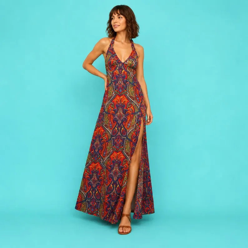 Vintage 70s Boogie Nights Paisley Halter Maxi Dress Red Psychedelic XS S | Etsy (Global)