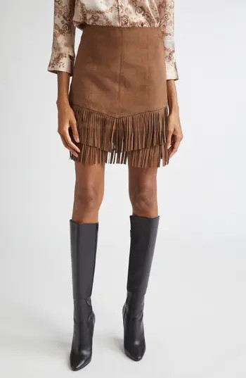 L'AGENCE Lyle Fringe Miniskirt in Carafe Brown at Nordstrom Rack, Size 10 | Nordstrom Rack