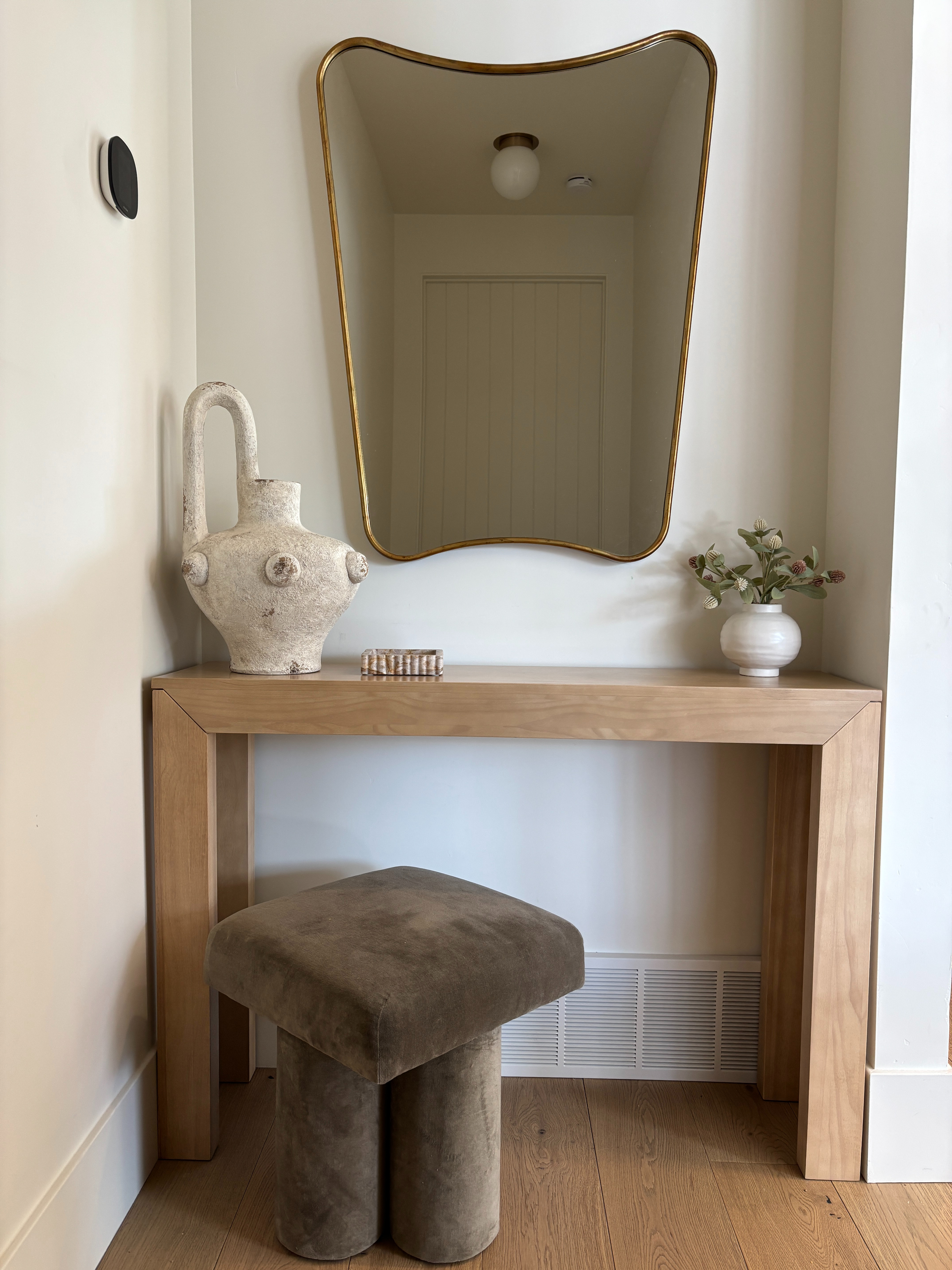Hallway mirror, console table, ottoman and decor 

 #LTKHome #LTKFindsUnder50 #LTKFindsUnder100