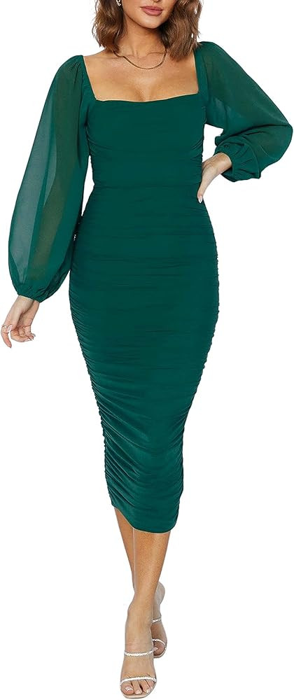 MASCOMODA Women's 2023 Long Puff Sleeve Ruched Midi Bodycon Dress Sexy Mesh Wedding Guest Cocktai... | Amazon (US)