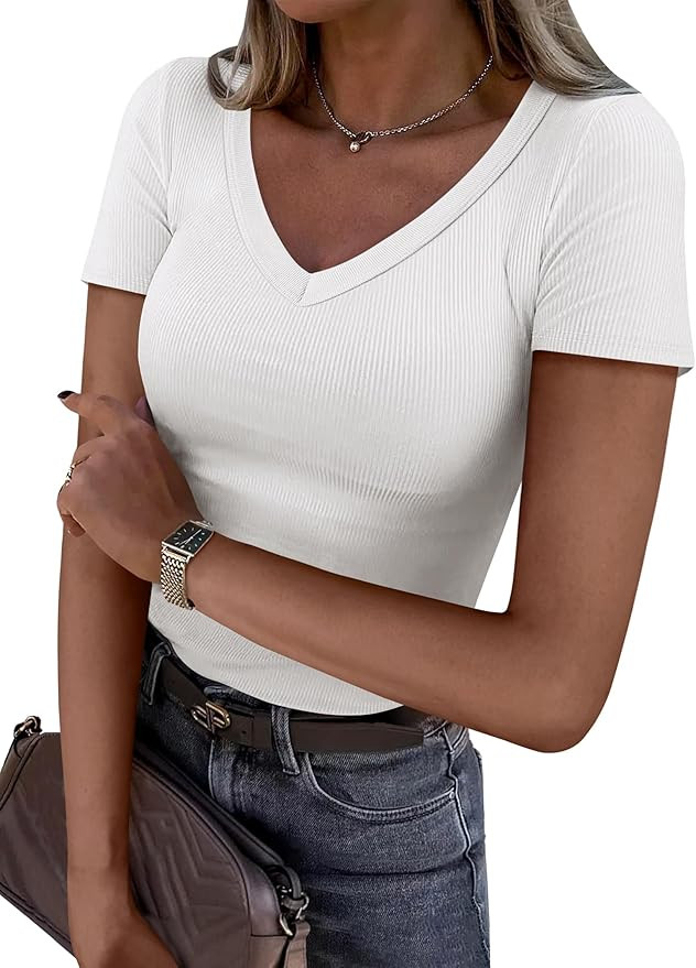 ANRABESS Women Short Sleeve V Neck Ribbed Knit Fitted Shirts Basic Tees Tops 2025 Summer Casual T... | Amazon (US)