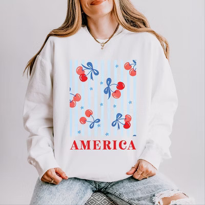 Simply Sage Market America Cherries Stripe Lightweight Garment Dyed Sweatshirt - S - White | Target