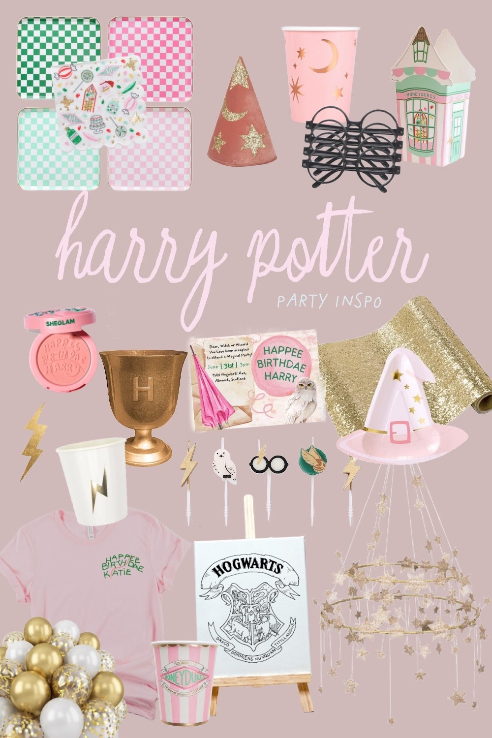 Harry Potter Party Inspo: The Pastel Edition. 🪄☁️ Who knew Gryffindor gold paired so well with blush pink? I’ve rounded up the cutest wizard-themed party supplies, including:
• Checkerboard pastel plates 🏁
• "Happee Birthdae" invitations and apparel 🎂
• Gold star hanging decor and lightning bolt accents 🌟
• Honeydukes-inspired treats and cups 🍬

#ltkparty #ltkholiday #harrypotterparty #wizardingworld #partyinspo #happeebirthdae #pinkaesthetic #tablescape #birthdaydecor #potterhead 

#LTKKids #LTKHome #LTKmomlife