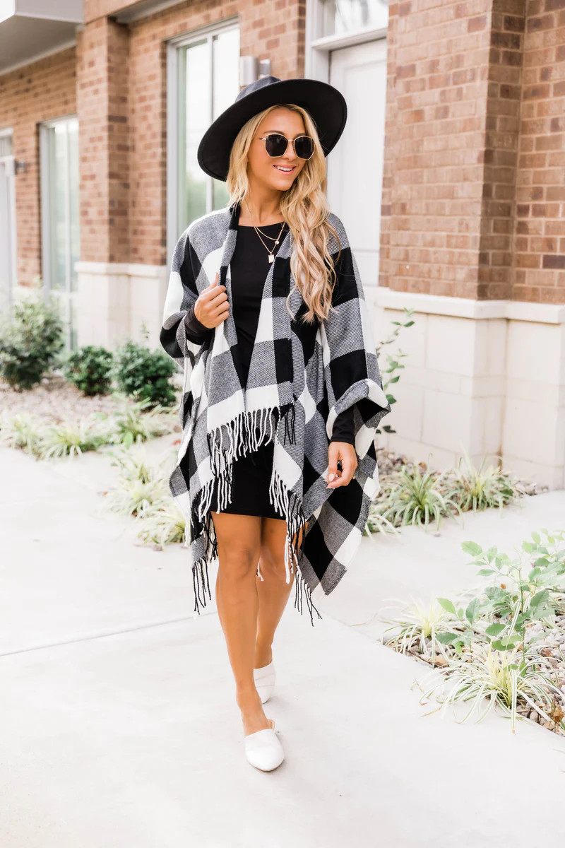 So Beautiful Tonight White Plaid Poncho | The Pink Lily Boutique