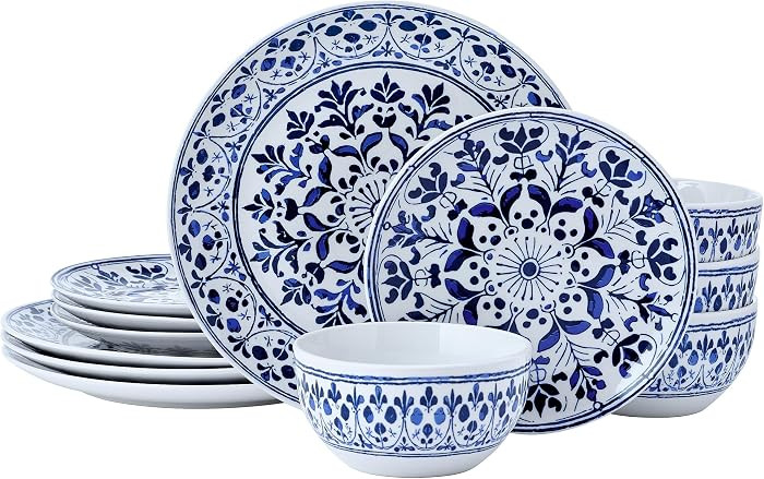 Pfaltzgraff Medallion Radiance 12 Piece Stoneware Dinnerware Plate Bowl Dish Set, Service for 4, ... | Amazon (US)