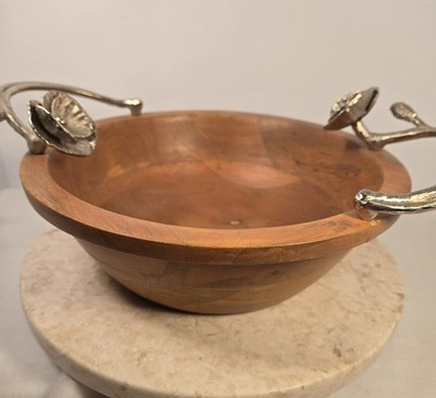 Beautiful Wooden fruit bowl with metal floral handles | eBay US