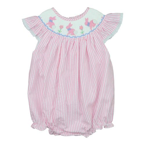 Pink Seersucker Smocked Bunny Eyelet Bubble - Shipping Mid March | Cecil and Lou