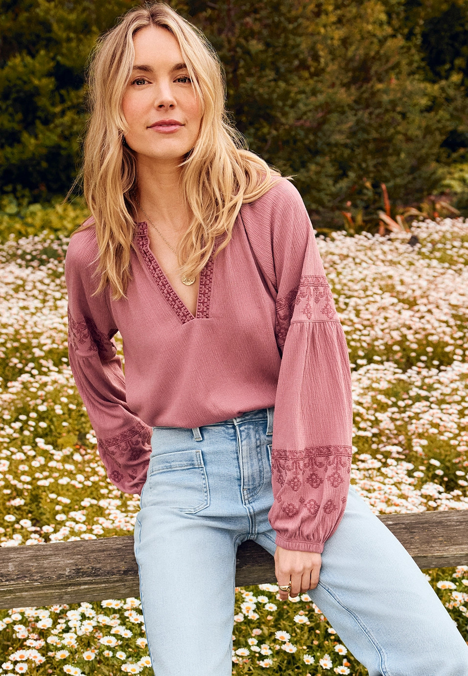 Maurices Women's Small Size Embroidered Gauze Blouson Sleeve Top Pink | Maurices