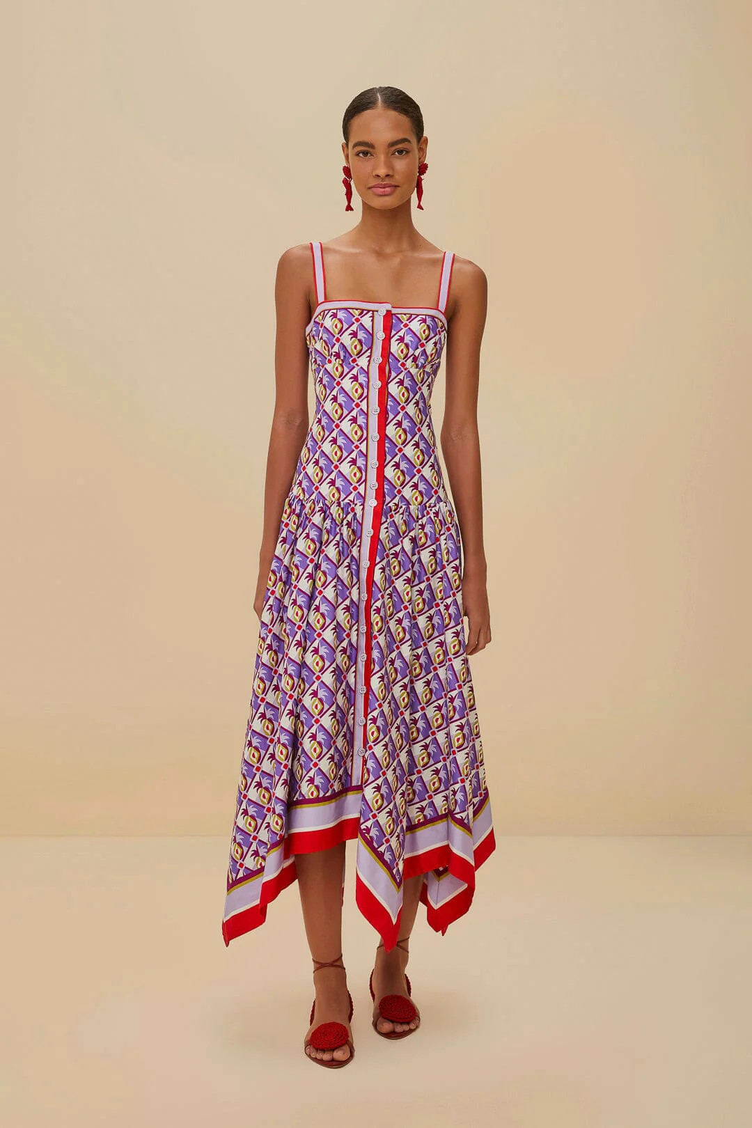 Multicolor Graphic Pineapple Scarf Organic Cotton Midi Dress, GRAPHIC PINEAPPLE SCARF MULTICOLOR / XS | FarmRio (US)