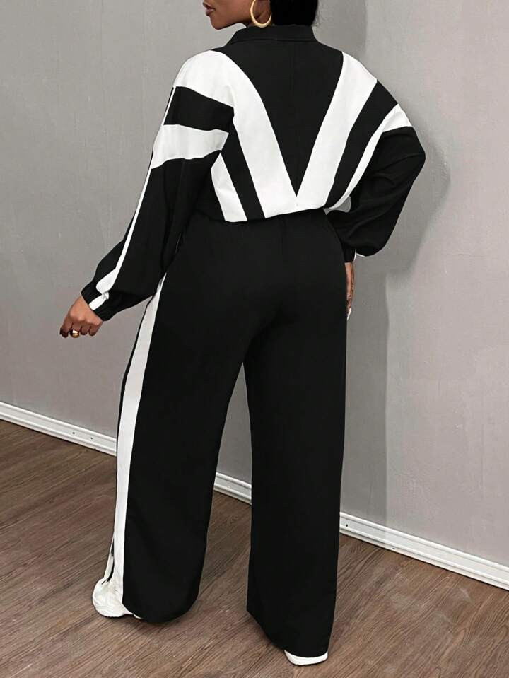 Slaydiva Women Color Block Drop Shoulder Zip Up Jacket And Pants 2 Pieces Casual Sportswear Set | SHEIN