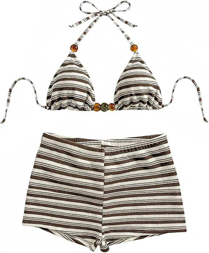 WDIRARA Women's Striped Halter Bikini Set Beaded Triangle Swimsuit 2 Piece Bathing Suit | Amazon (US)
