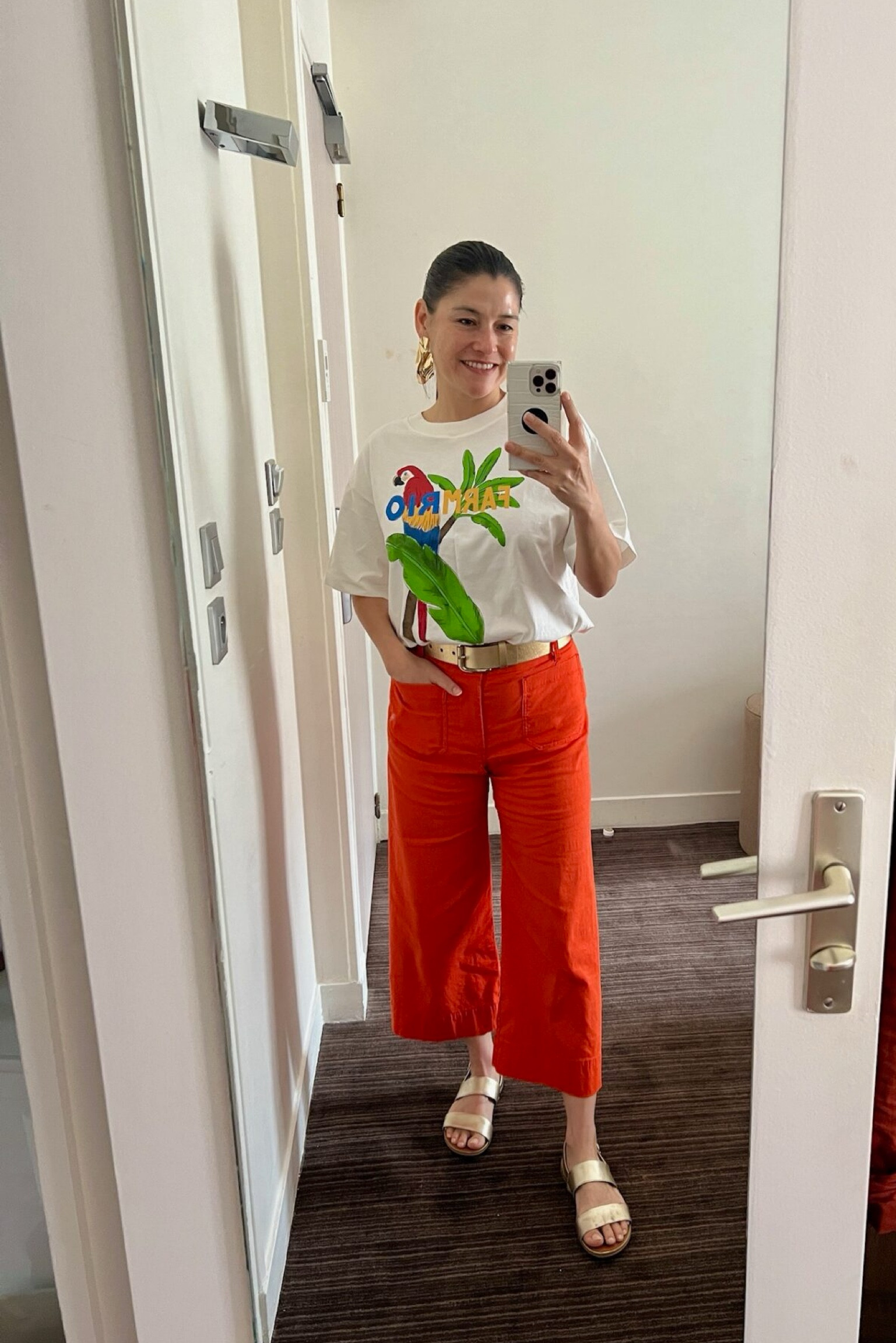 Casual Summer Outfit: Farm Rio graphic t-shirt, Anthropologie wide-leg pants, and FitFlop metallic sandals  #LTKFindsUnder100 #LTKShoeCrush

#LTKSeasonal