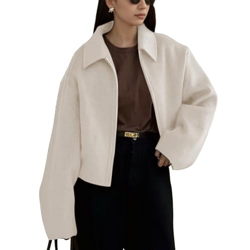 Yioaga Women Bomber Jacket Casual Lapel Long Sleeve Zip Up Cropped Coats Trendy Lightweight Outwear Fall Winter Streetwear(Beige,S) | Amazon (US)