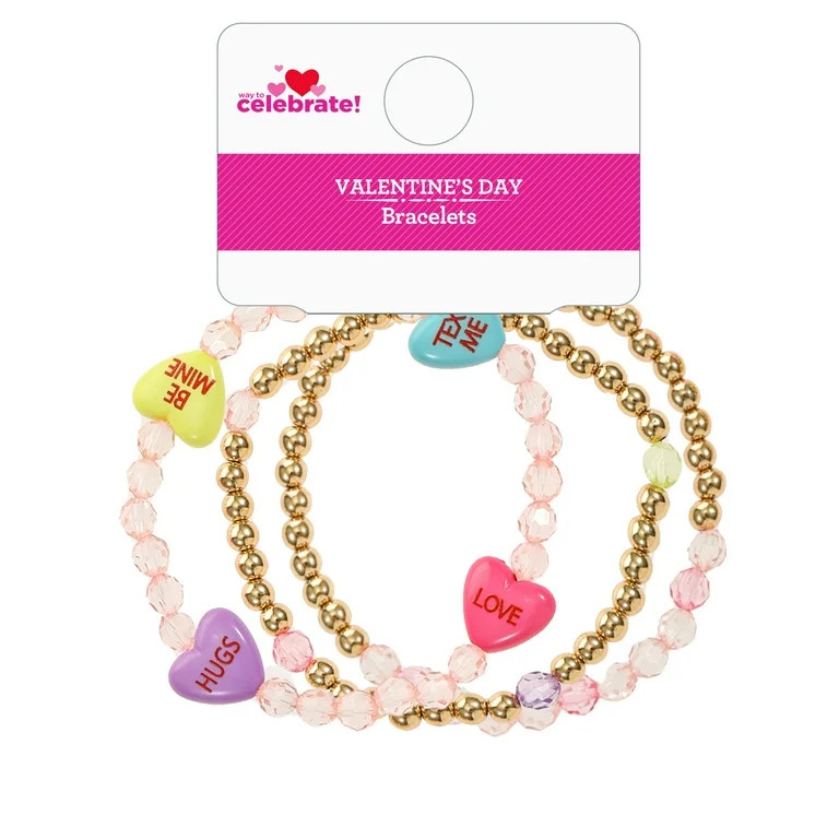 Way to Celebrate Valentine's Day Heart Beaded Bracelet, 3 piece | Walmart (US)