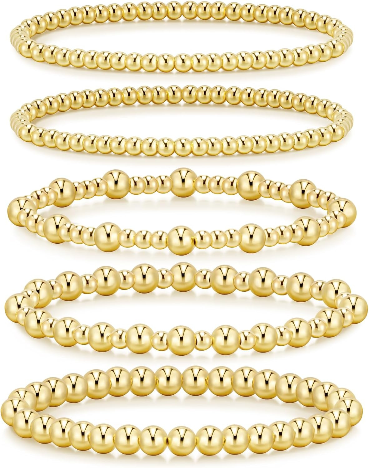 Gold Bracelets for Women Waterproof, 14K Gold Plated Beaded Strand Bead Ball Bracelets stack Adjustable Jewelry Set for Gifts | Amazon (US)
